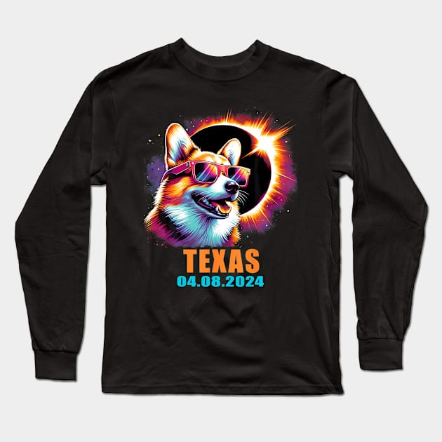 Texas Total Solar Eclipse 2024 Corgi Dog Long Sleeve T-Shirt by Diana-Arts-C